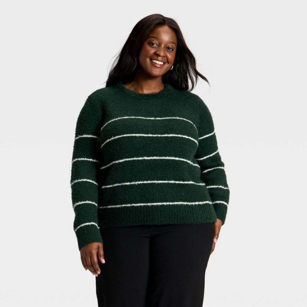 Women's Fuzzy Pullover Sweater - A New Day Green Striped XXL